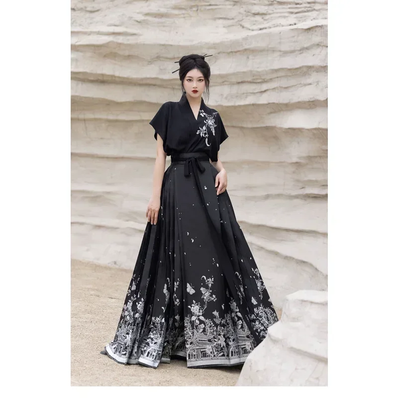 Gothic Style Black Cross Neck Blouse Printed Butterfly Horse Face Skirt Chinese Hanfu Women Ancient Princess Cosplay Costumes