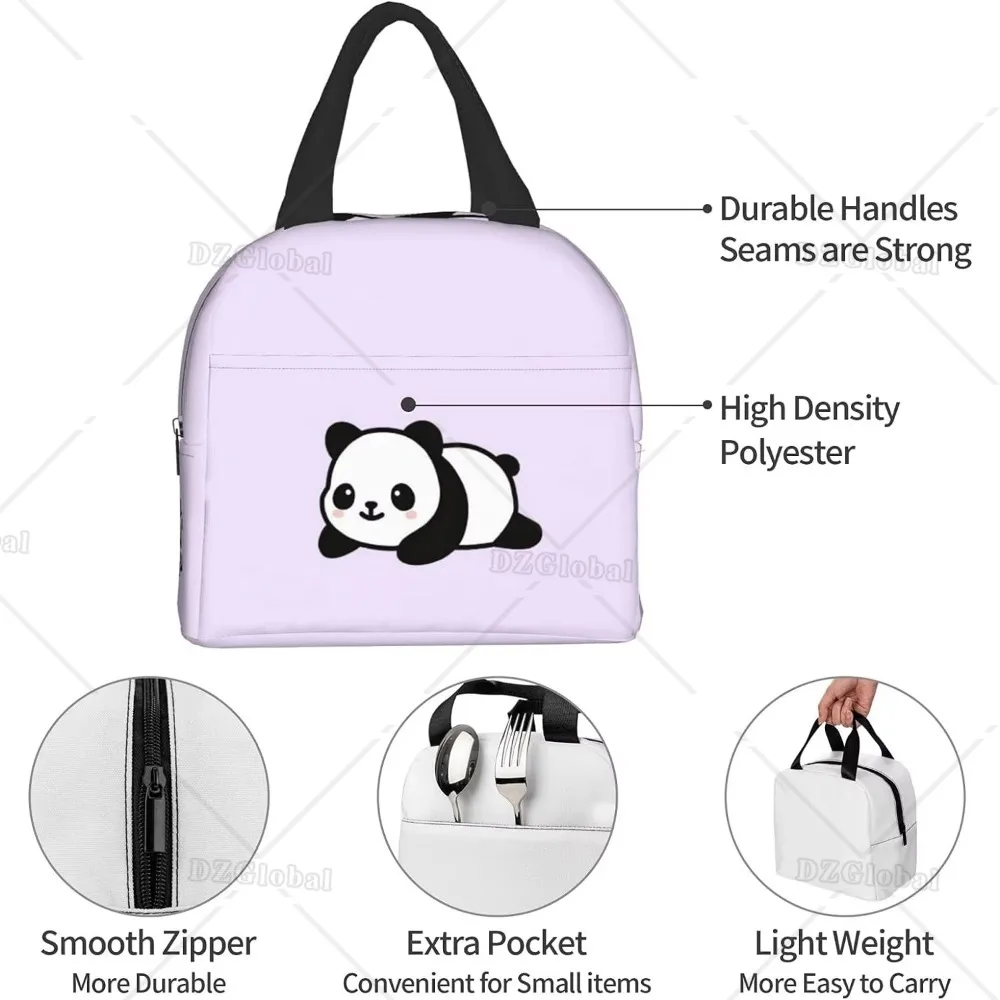 Cute Panda Purple Lunch Bags Insulated Lunch Box for Women Reusable Tote Cooler Bag for Shopping Picnic Travel