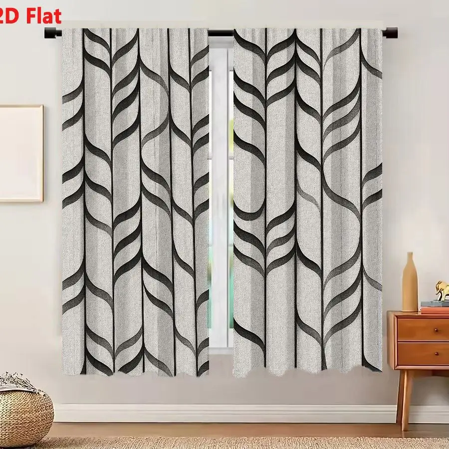 2Pcs Curtains 2D Flat Monochromatic Art Deco Geometric Pattern With Vertical Columns Of Stylized Abstract Fern Fronds And Feathe