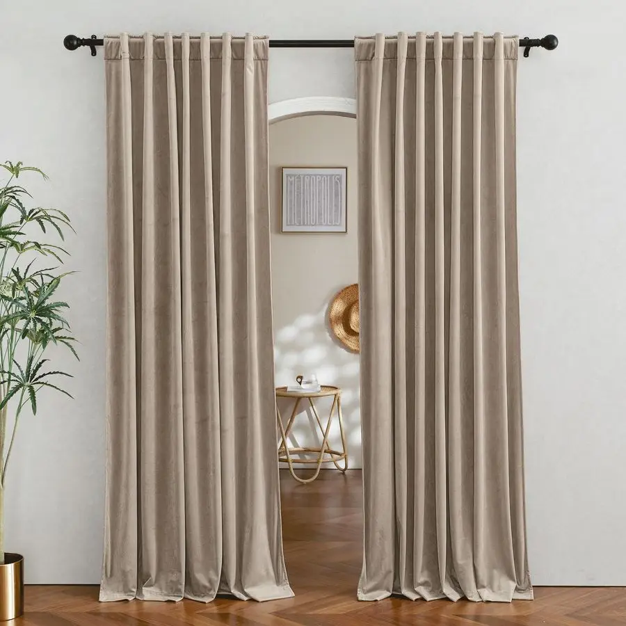 

Домашние верблюжьи бежевые бархатные шторы 96 дюймов с карманами для стержней, оконные панели для фермерского дома, конфиденциальность, со вставленные шторы для спальни, ванной комнаты