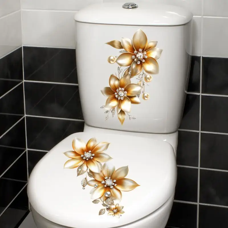 Creative Light Luxury Gold Flower Waterproof Toilt Sticker Bathroom Wall Background Decal Home Decoration Self-adhesive Sticker