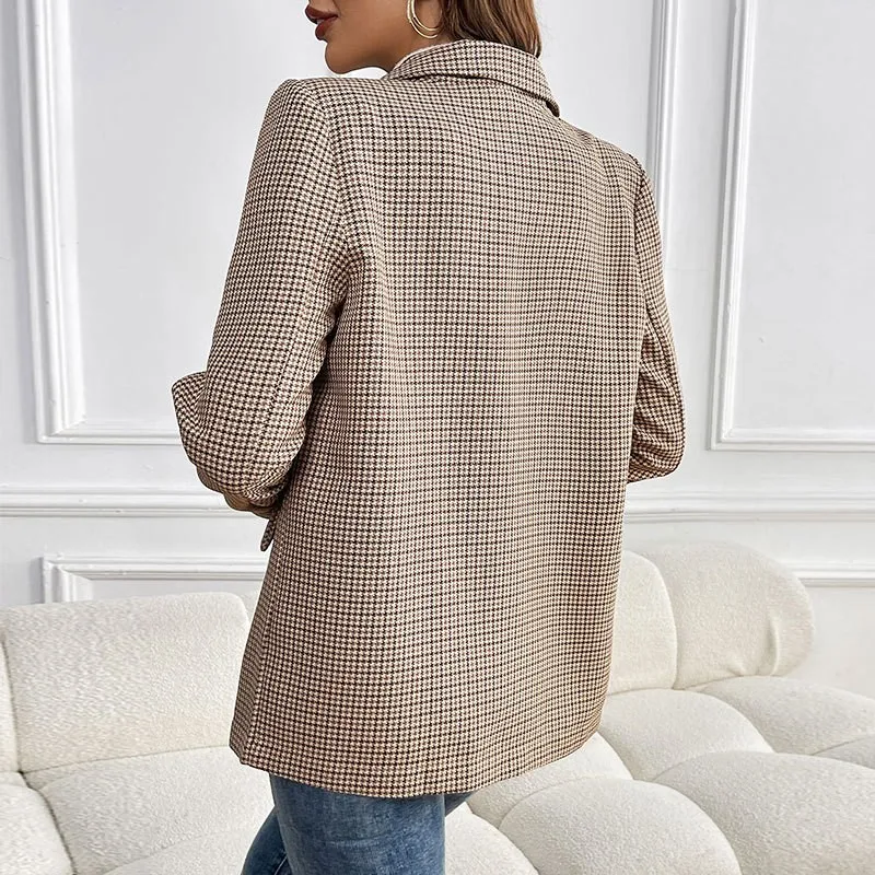 Women Blazer Notched Lapel Long Sleeve Blazers Vintage Houndstooth Suit Jacket Double Breasted Brown And Beige Wool Blazer
