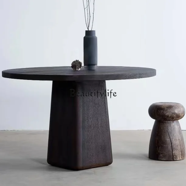 Simple Solid Wood Dining Table Walnut Smoked round Table Small Apartment Home Dining Table