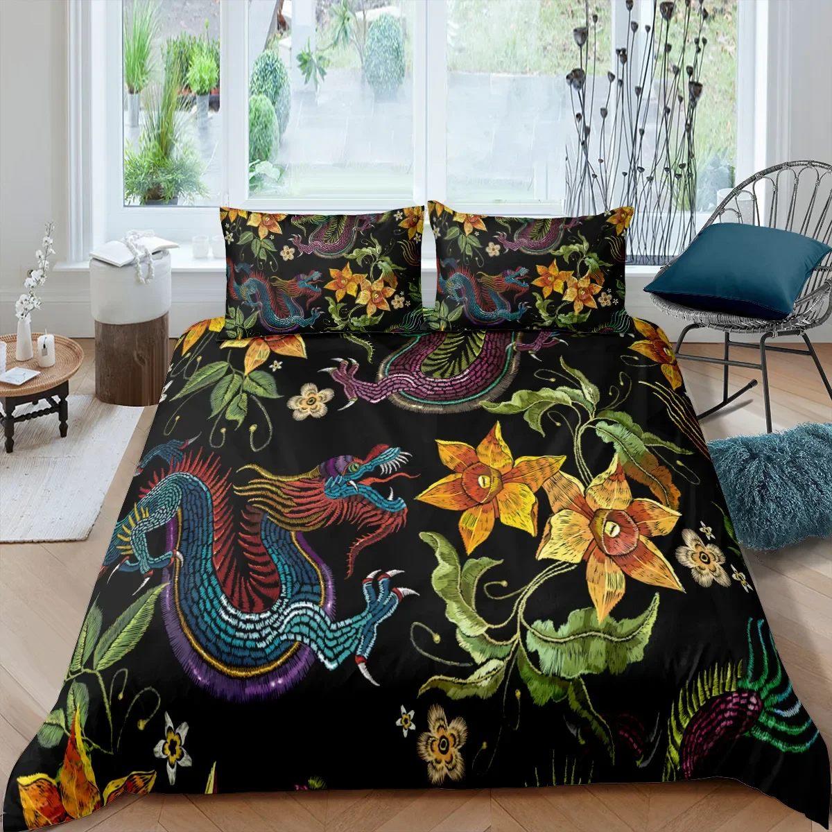 Home Textiles Luxury 3D Embroidery Dragon Print Duvet Cover Set 2/3 Pcs Pillowcase Bedding Set AU/EU/UK/US Queen and King Size