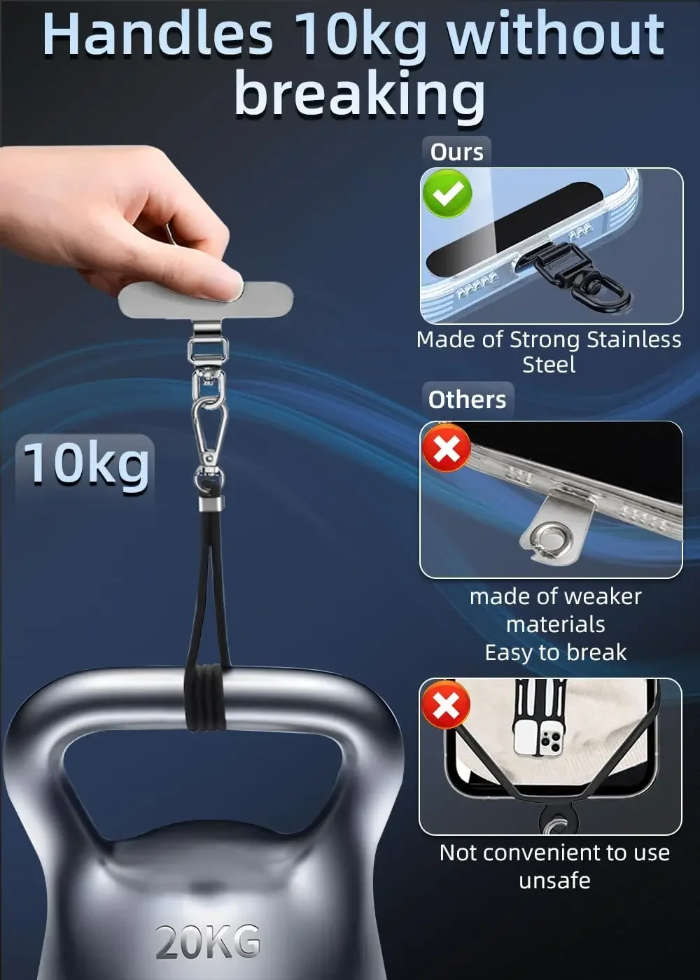 Stainless Steel Phone Lanyard Patch 360° Thin Metal Phone Tether Tab Cellphone Hanging Cord Clip Replacement Lanyard Strap Patch