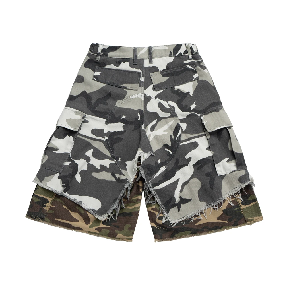 Fake Two Piece Spliced Camouflage Cargo Shorts for Men Wide Leg Knee Length Pants Loose Short