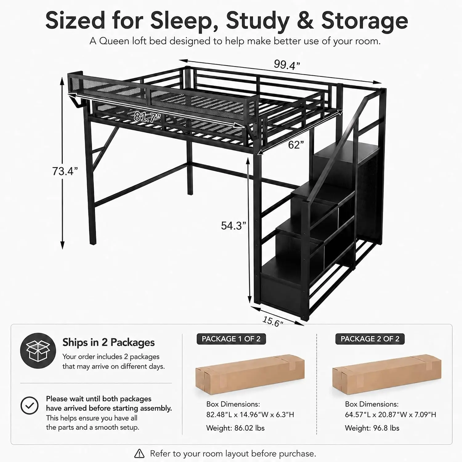 Queen Loft Bed Frame with Stairs, Storage & Wardrobe, Heavy Duty Metal 800 lbs for Adults & Teens, 54.3