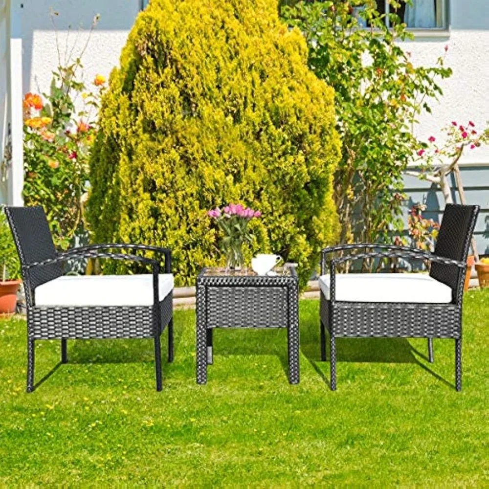 3 Piece Patio Furniture Set with 2 Cushioned Chairs & End Table, 1, Black