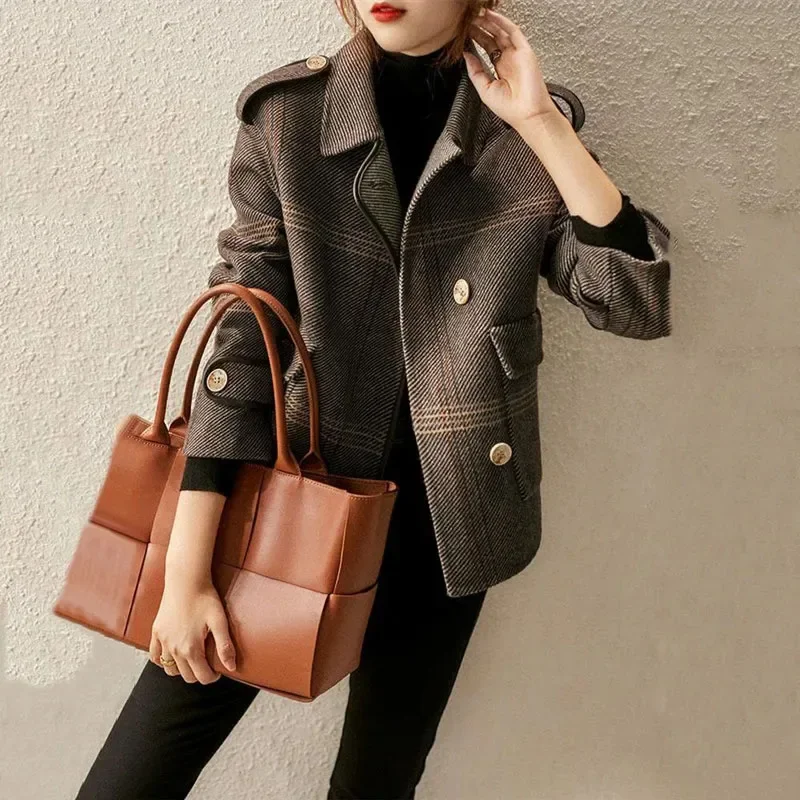 New Autumn Winter Fashion Woolen Coat Womens Loose Plaid Stitching Trench Coats Female Casual Blazer Office Women's Clothing 4XL