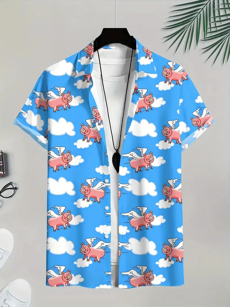 Kemeja Pria Musim Panas Baru 3D Dicetak Kartun Babi Pola Kemeja Hawaii Kasual Dicetak Bunga Lengan Pendek Hawaii Unisex Atasan