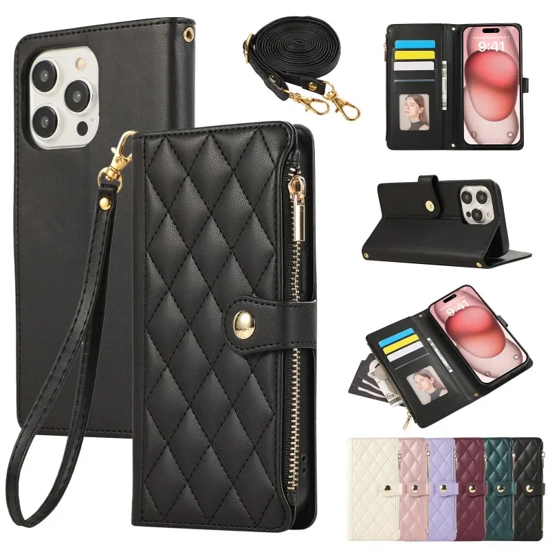 Funda de teléfono de cuero con correa para la muñeca cruzada para IPhone 16E 16 15 14 13 12 11 Pro Max XS XR 8 Plus cartera con funda tarjetero
