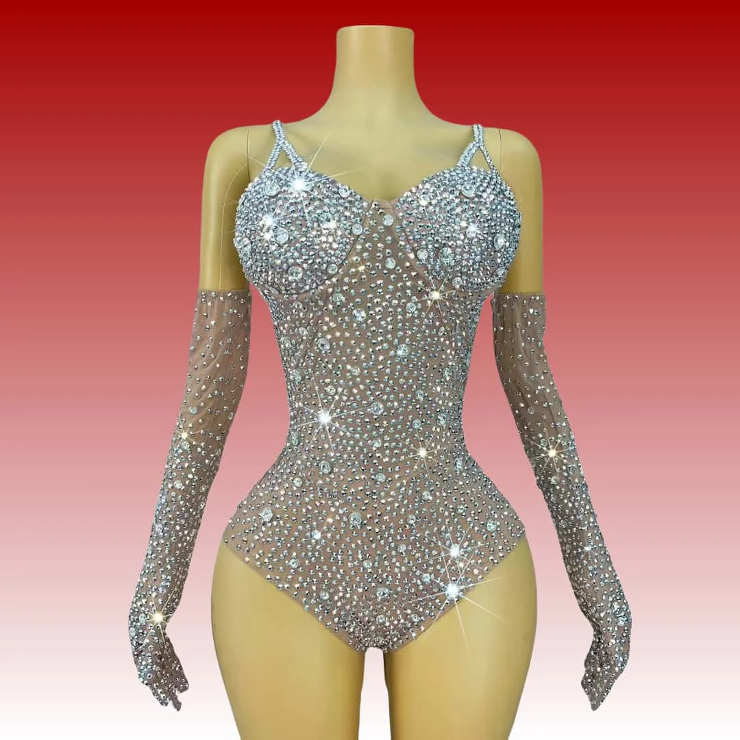 Shizuan Flashing Diamonds Skinny Bodysuit with Gloves Stage Bar Nightclub Performance Dance Costume Evening Party Show Outfit