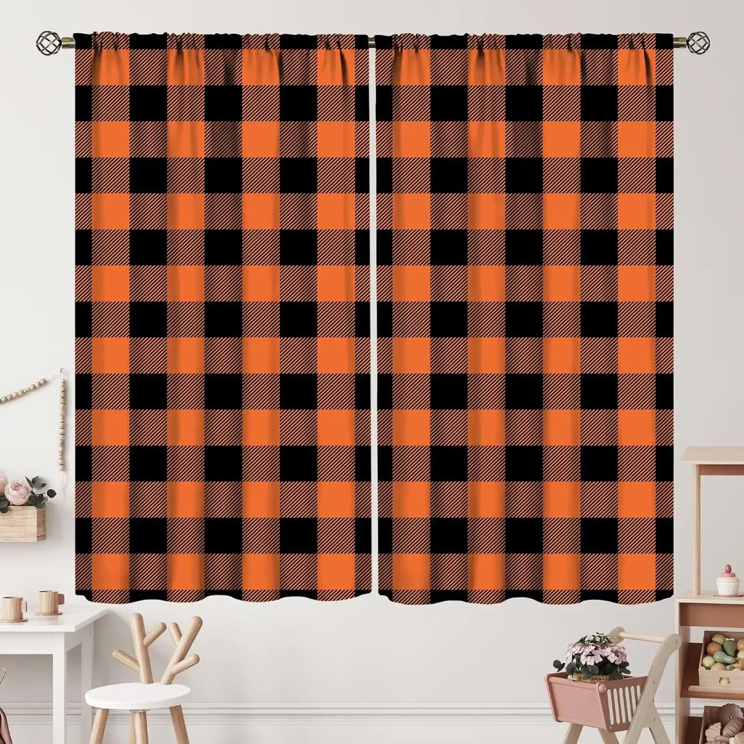 Halloween Orange Buffalo Check Window Curtains 2 Panels, Black Orange Plaid Rustic Farmhouse Simple Geometric Home Curtain