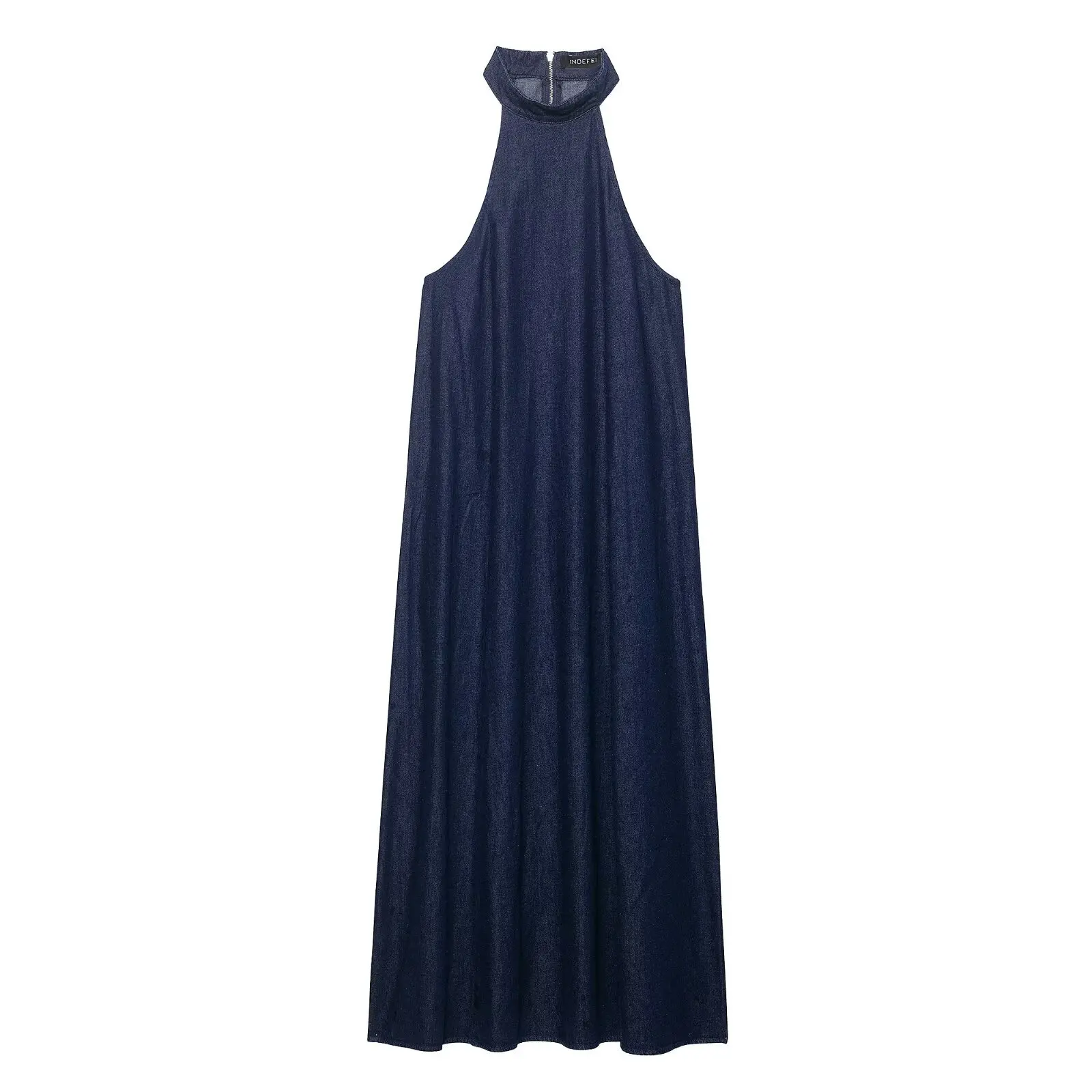 

Elegant Summer Sleeveless Denim Dress for Women with Hanging Neck Collar Pleated Long Bodycon Solid Zipper Trendy Female Fashion