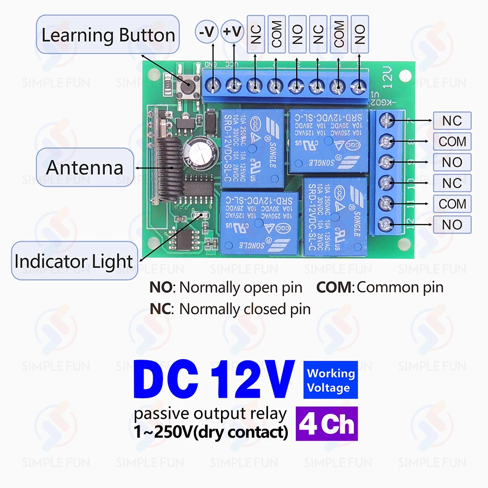 433 Mhz Universal Drahtlose Fernbedienung Licht Schalter DC 12 V 4CH RF Relais Empfänger 60 m Reichweite für Licht/Garage Tür/LED DIY – Detail 4