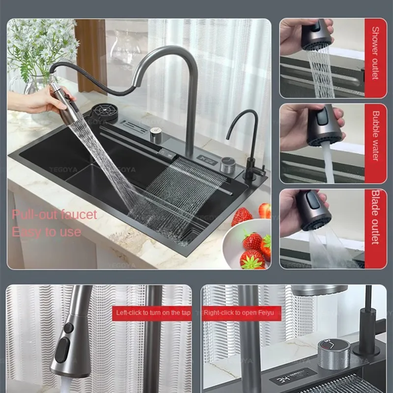 Stainless Steel Kitchen Sink Topmount Sink Large Single Slot Intelligent Display Wash Basin Multifunction Touch Waterfall Faucet