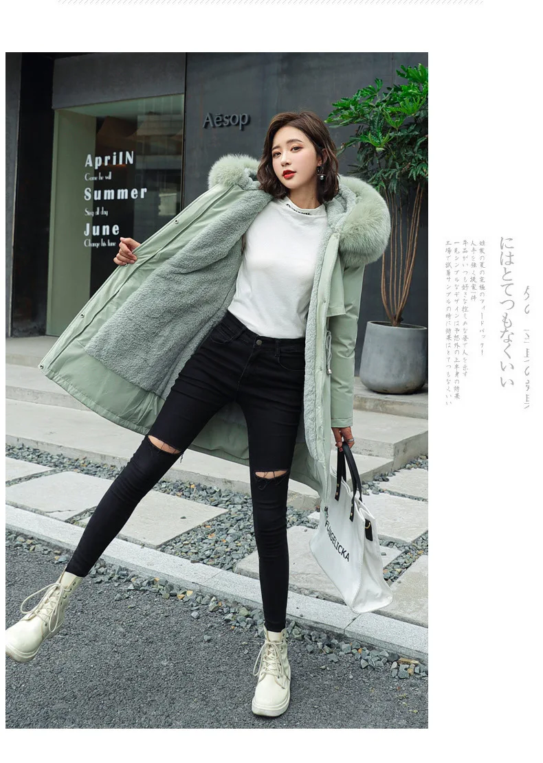 Parkas Jacket Women Cotton Coat Winter Mid Length Outerwear Fur Collar Plush Liner Hooded Drawstring Thick Windproof Office Lady
