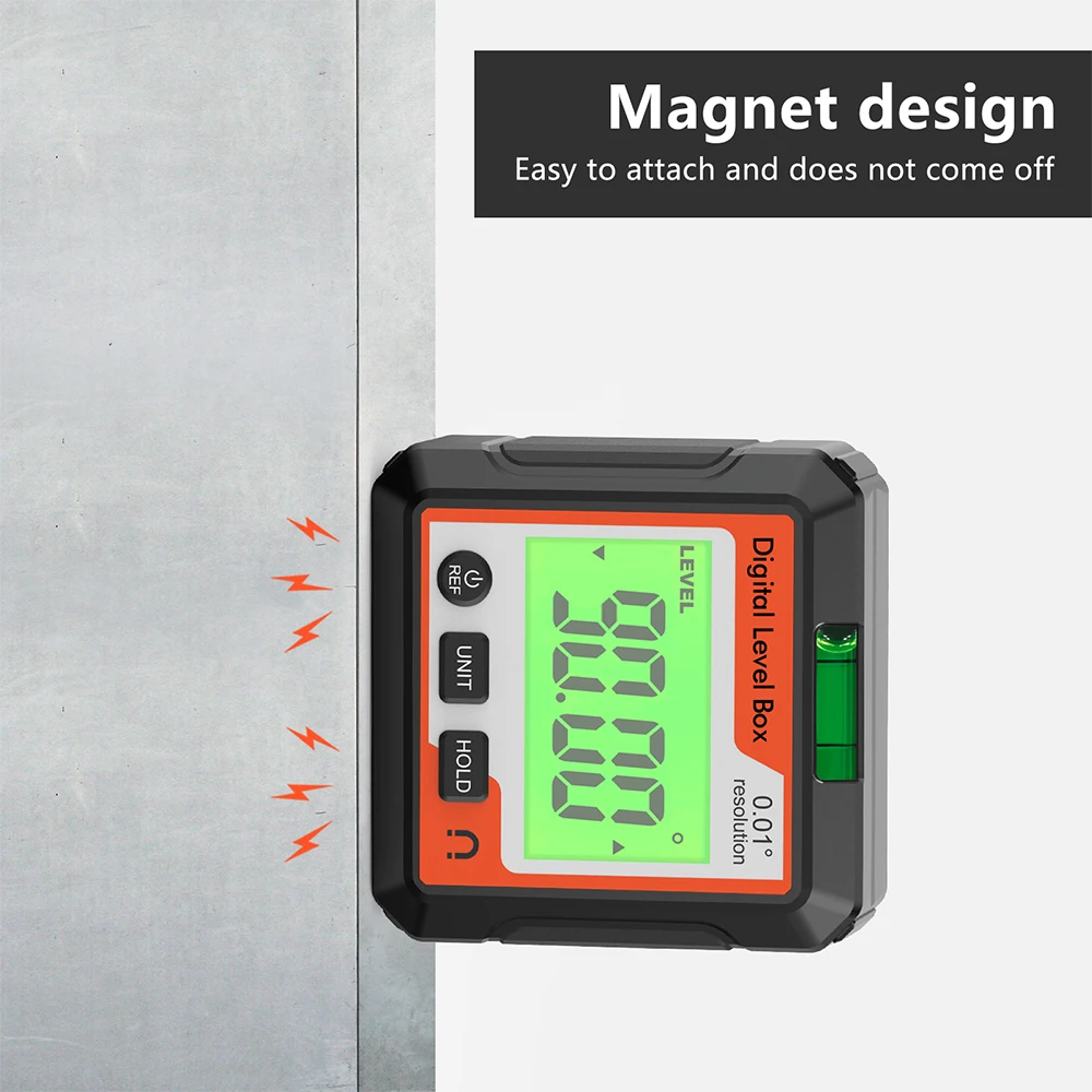 Elektronischer Winkelmesser, digitaler Neigungsmesser, 0–360, digitale Schrägbox, IP65, wasserdicht, Winkelmesser, Magnete, Basis, Messwerkzeug