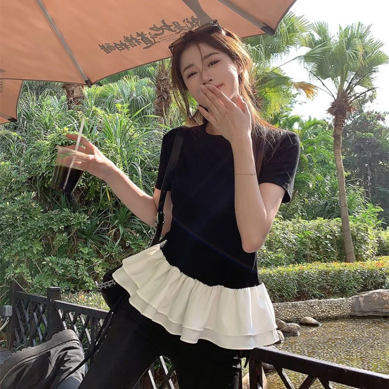 Women Patchwork Fringed Ruffles O-neck Cotton Tshirt Womans Summer Clothes Elegant Solid Shirt Women Slimming Short Sleeve Tee