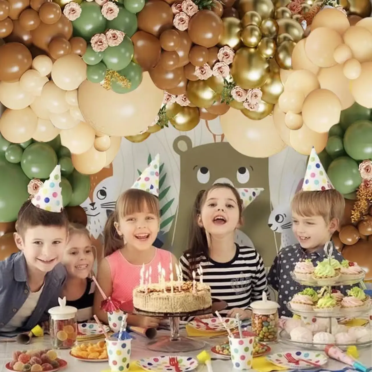106 قطعة بالون بني أخضر حكيم طقم جارلاند سفاري الغابة عيد ميلاد دش المشاركة الزفاف الذكرى الغابة الطرف الديكور #3