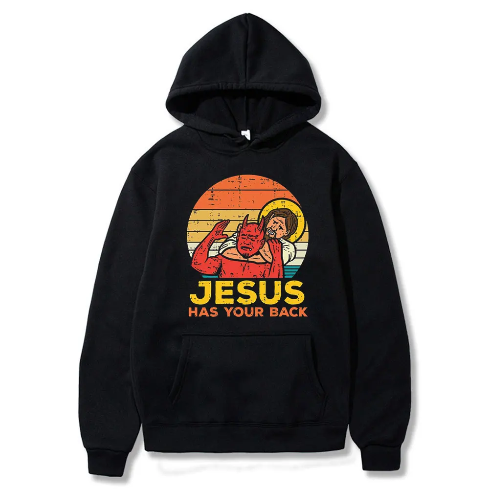 

Funny Jesus Has Your Back Jiu Jitsu Retro Christian Hoodie Men's Fashion Vintage Long Sleeve Oversized Sweatshirt Streetwear