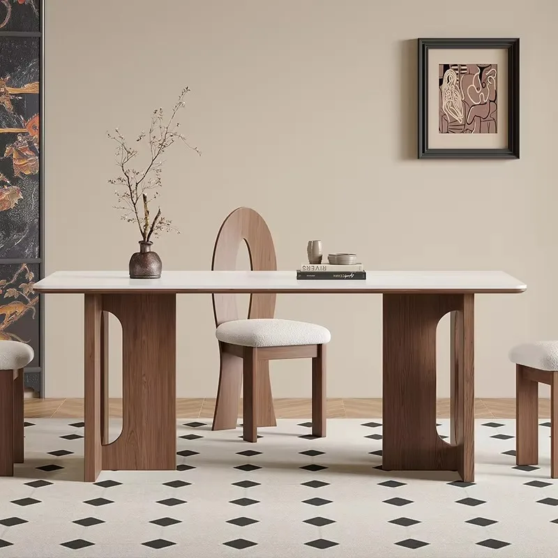 Luxury Modern Designer White Sintered Stone Table Top Wooden Dining  High End Dining  With Rectangle Top Dining