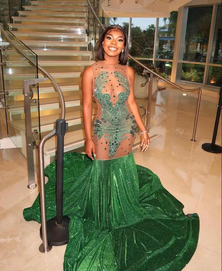 

Emerald Green Sparkly Long Evening Formal Dresses 2024 Sheer Mesh Diamond Crystal Gillter Prom Dress vestidos de fiesta