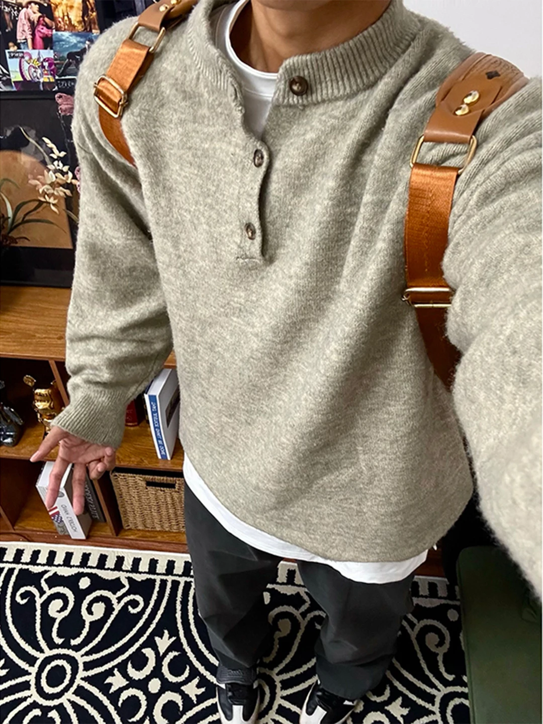 

Мужской вязаный свитер в американском ретро-стиле с V-образным вырезом и воротником хенли, утепленный, с длинным рукавом, повседневный, комфортный, мягкий, зимний топ