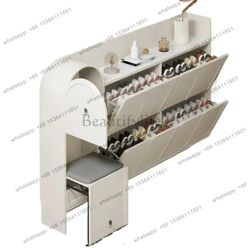 Cream Wind Ultra-thin Tipping Bucket Shoe Cabinet Household Door Entry Entrance Cabinet Shoe Change Stool Integrated