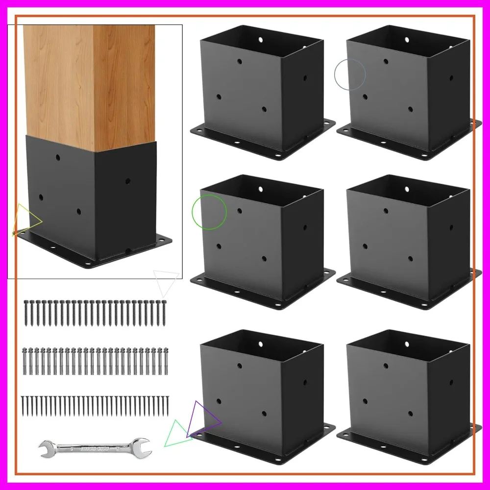 

6 Pack 4x6 Heavy Duty Metal Post Base Brackets, Rust Resistant with Hardware for Fence, Porch, Pergola