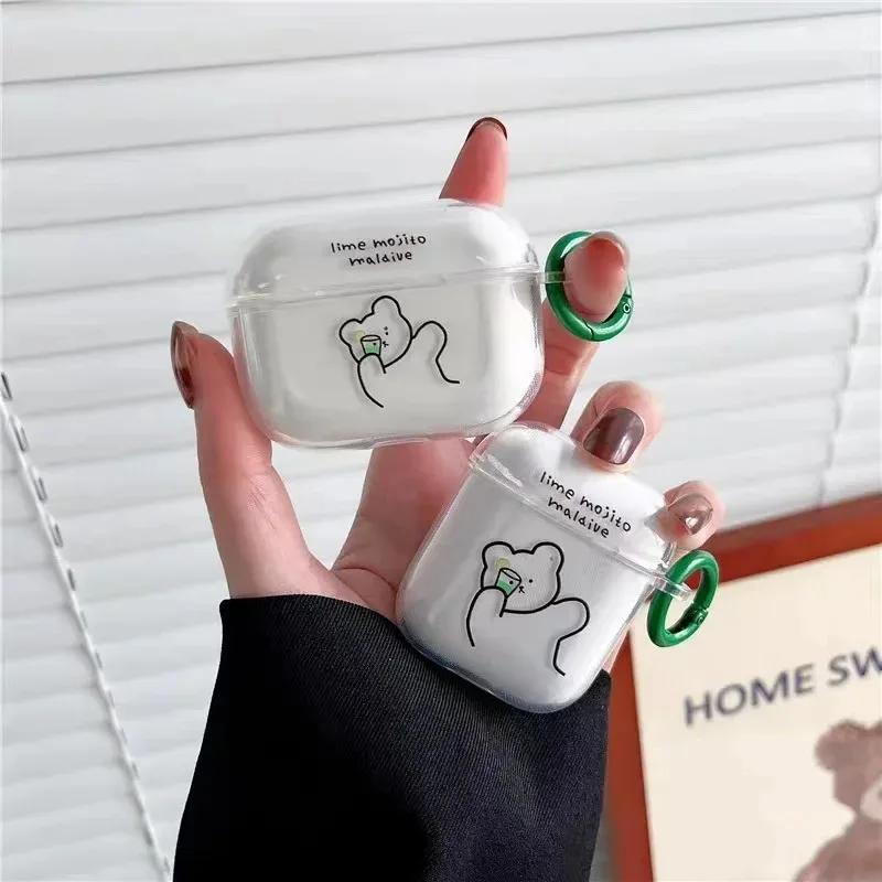 

Raise Bear Case For AirPods 4 Transparet Soft TPU Earphone Cover For Apple Airpod Pro/ Pro2 4th Gen Protective Case Keyring
