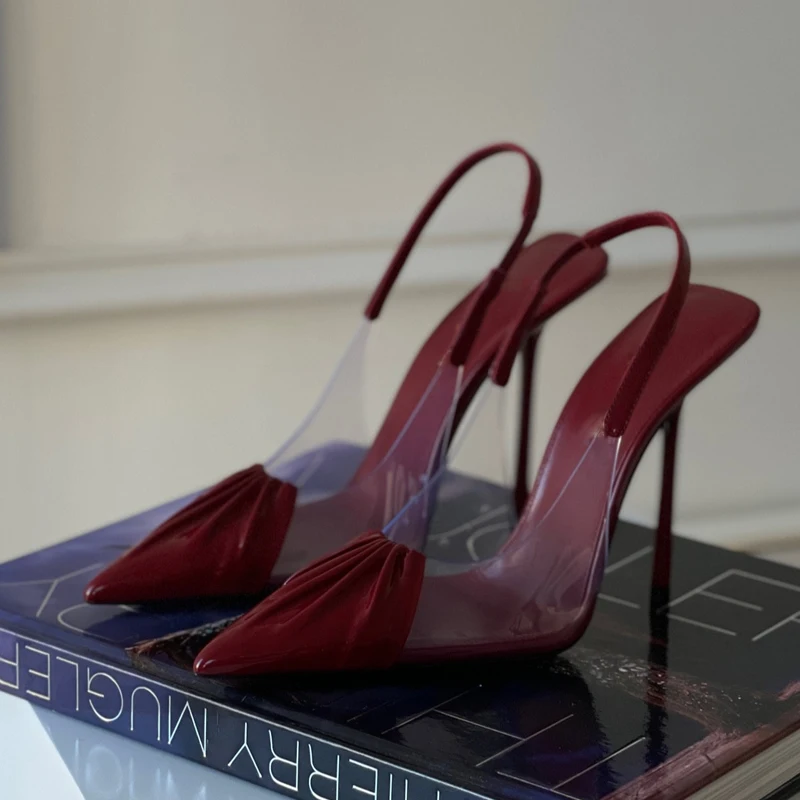 

Red Folds Pointed Closed Toe Pvc Stiletto Sandals Woman Summer 2026 Black Slingback Elastic Band High Heels Shoes for Women