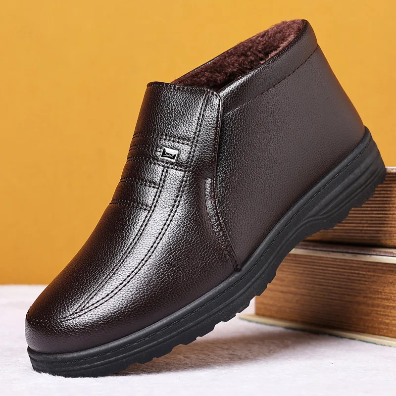 

Winter Waterproof Men's Casual Leather Shoes Flannel High Top Slip-on Male Casual Shoes Rubber Warm Winter Shoes for Mens botte