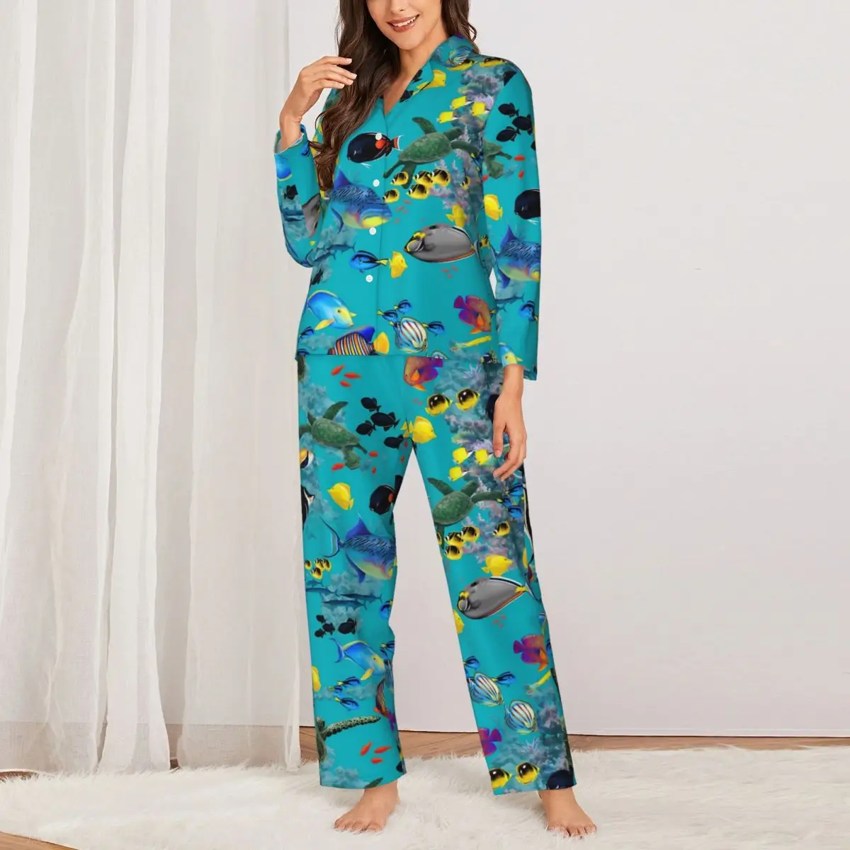 Sea Turtles Pajamas Woman Tropical Fish Kawaii Daily Nightwear Autumn Two Piece Retro Oversized Printed Pajama Set