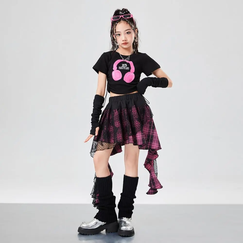 

Streetwear Girls Hip Hop Clothes Jazz Teens Children Dance Costume Irregular Stage Wear T-shirt Plaid Skirt Set Summer