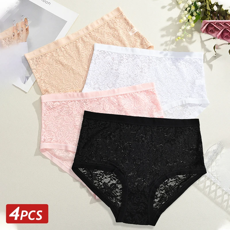 4 Teile/satz Frauen Floral Spitze Höschen Große Größe Bequeme Unterwäsche Transparent Atmungsaktive Weiche Slips für Weibliche Hohe Taille