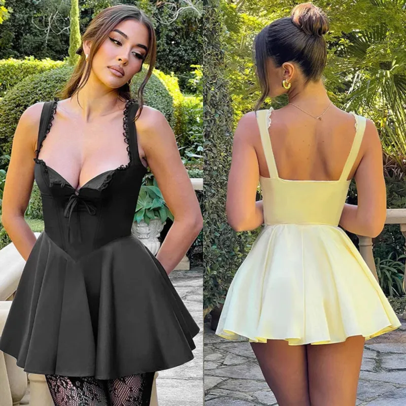 

Spring New Slim Backless Ballet Pompadour Dress Sleeveless Lace Splicing Spice Slip Dress Fashion V-neck High-waisted Mini Dress