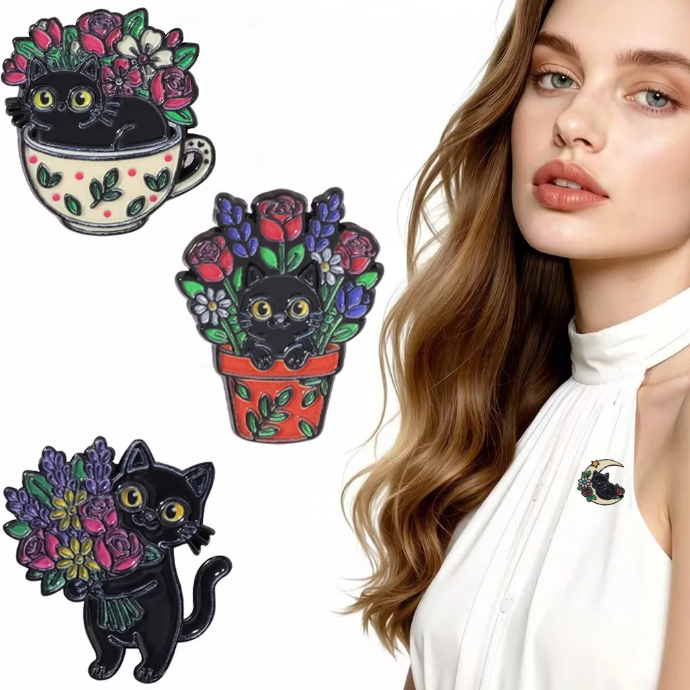 Cross-border Creative Plant Black Cat Flower Series Brooch, Cute Animal Badge Cartoon Gift Accessories - view 5