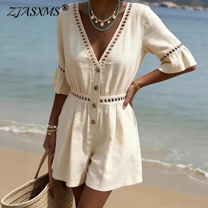 

Сексуальный комбинезон с V-образным вырезом и широкими штанинами для женщин, весна 2026, однотонный, с высокой талией, короткий, с расклешенными рукавами, на пуговицах, пляжный комбинезон