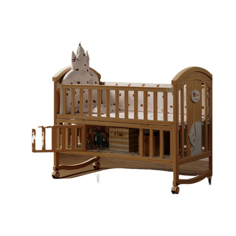 Solid wood unpainted cradle, multifunctional splicing bed, movable