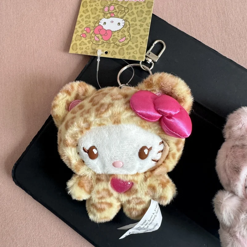 Simpatico caffè latte stampa leopardata Kt gatto peluche fiocco bambola ciondolo zaino carino peluche portachiavi ciondolo regalo di compleanno per ragazze