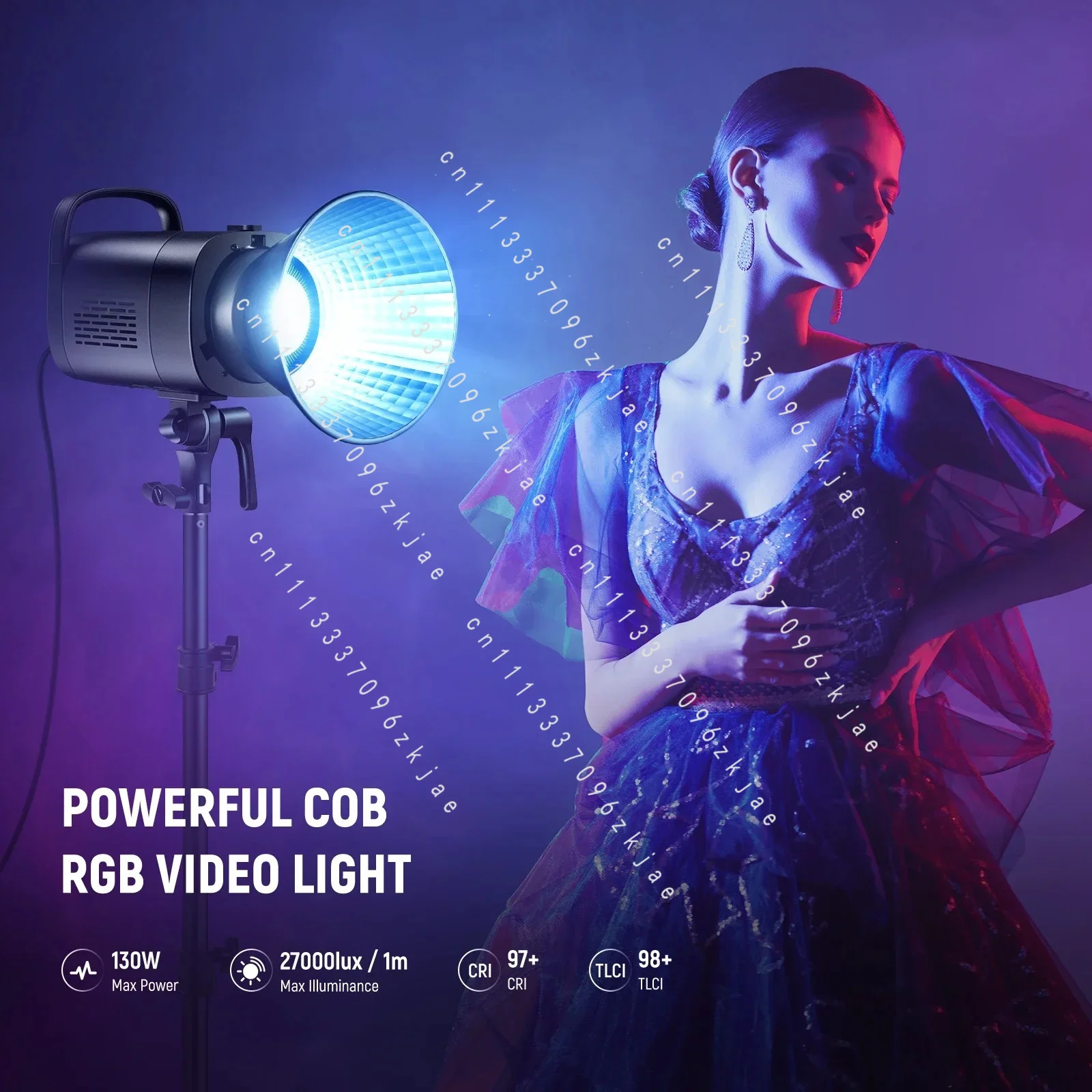 CB100C 130w RGB LED Video Light, APP/2.4G Control 360° Full Color 2700K-6500K 27000lux/m COB Bowens Mount Silent