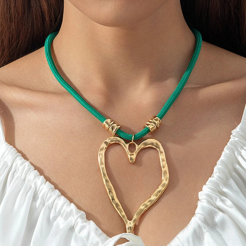 2 Pieces/set Bohemian Love Small Lock Pendant Green Color Rope Necklace, Women's Retro Trendy Festival Accessory Gift
