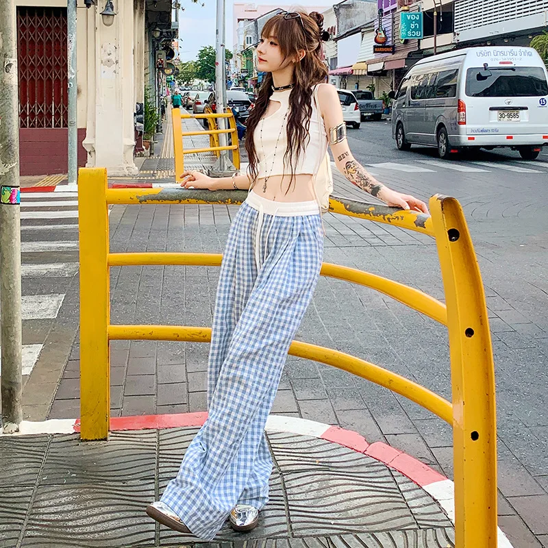 Korean Version of Sweet and Cool Color Checkered Women's High Waisted Casual Wide Leg Pants Harajuku Academy Style Loose Pants