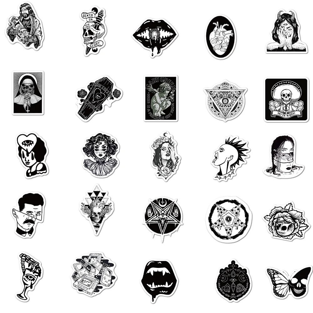 100Pcs Gothic Stickers for Water Bottle,Black White Skull Stickers,Waterproof Vinyl Stickers Perfect for Laptop Phone Car