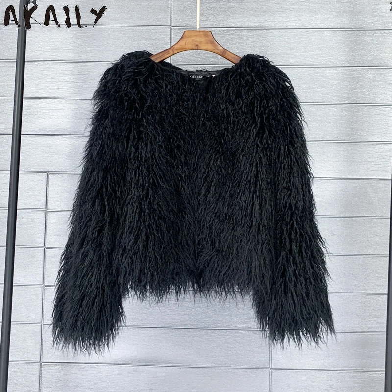 Akaily Colorful Warm Faux Women Fur Coat Loose Black White Pink Plush Coat 2024 Female Jacket Fur Autumn Winter Shaggy Outerwear