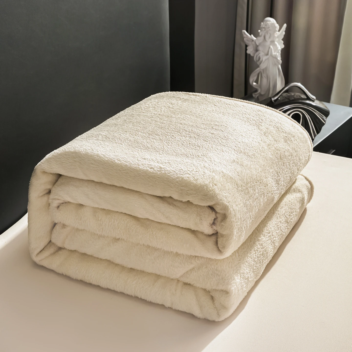 Solid Polyester Flannel Fleece Blanket Soft Warm Throw Multi Size For Sofa Bed Office Travel Beige