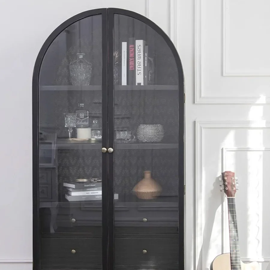 American-Style Arched Bookcase French Retro Wine Cabinet Nordic Solid Wood Household Sideboard Cabinet with Glass Door