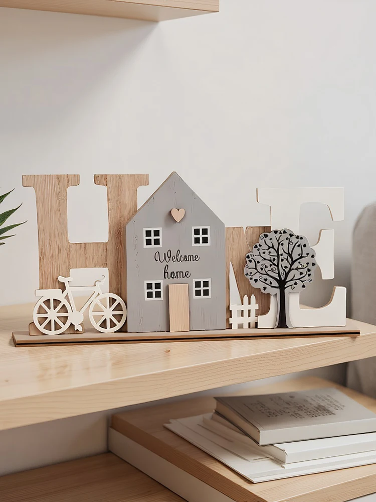 AliExpress syxing Wooden HOME Ornament with Cute House Bicycle & Tree Elements Creative Wooden Craft Decor For Living Room Bedroom Entryway