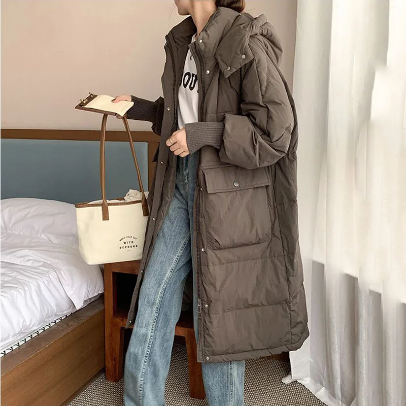 2024 Winter New Fashion Tren Down Cotton Jacket Womens Korean Long Hooded Parker Overcoat Female Loose Thick Warm Padded Jackets